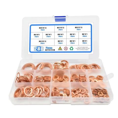 Flat Copper Washers Solid Gasket Kit M5 M14 280 Pieces Set for Sump Plugs Oil Usage and Engines High Heat Resistant Stops Leaks and Keeps Things Running Smoothly Makes Auto Repair a Breeze for Folks Hunting Down Sweet Gear They Can Rest Easy Daily. assorted copper washers in labeled plastic case, M5-M20