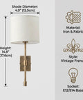 Fabric Shade Wall Sconce Vintage Brass Metal Lamp Bedside Indoor Lighting with fabric shade, 14.8" height and iron frame.
