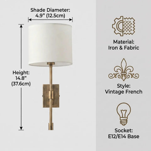 Fabric Shade Wall Sconce Vintage Brass Metal Lamp Bedside Indoor Lighting with fabric shade, 14.8" height and iron frame.