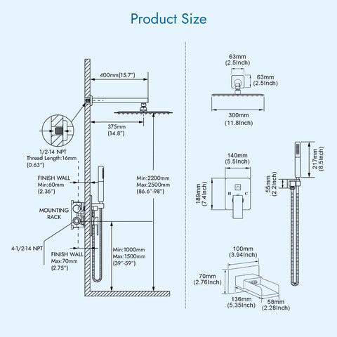 Dimensions for Matte Black Rainfall Shower System With Tub Spout Wall Mount Faucet Set 12 Inch Shower Head And 2 In 1 Handheld Sprayer Shower Combo