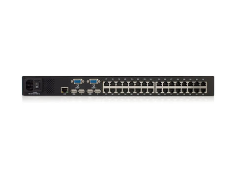 Back view of Top Tier 32 Port KVM Switch with power, USB, and PS2 ports for server control and video routing.