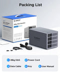 Heavy Duty Four Bay Aluminum Usb Three Zero External Hard Drive Enclosure Case With Rock Solid Rack Mount Design And Bad Ass Killer Storage Up To Eighty Eight Tera Bytes For Pro Video Editing And Massive Archives with packaging and accessories.
