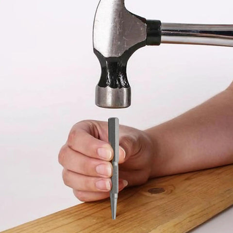 Heavy Duty Four Piece Nail Setter And Center Punch Set For Woodworking Projects With Precision Drill Marking Tools in use.