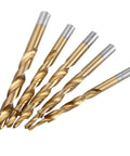 Boss Grade Titanium Coated Twist Step Drill Bit Set For Pocket Hole Jigs And Manual Fixtures, Multi Size 6mm 8mm 9.5mm 10.5mm 12mm, Great For Woodworking Aluminum Plastics Copper And Cast Iron, Built Tough For Fast Clean Cuts. five titanium-coated twist drill bits