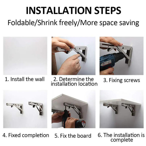 Installation steps for 16 Inch Folding Shelf Brackets Built Tough Heavy Duty Stainless Steel Collapsible Shelving 4 Pack.