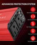 Close-up of Heavy Duty 300 Watt Car Power Inverter Transforms Dc 12 Volt To 110 Volt Ac Output Featuring Dual Usb Port And Built In Fuse, showing protection features.