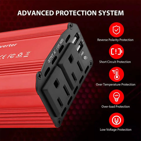 Close-up of Heavy Duty 300 Watt Car Power Inverter Transforms Dc 12 Volt To 110 Volt Ac Output Featuring Dual Usb Port And Built In Fuse, showing protection features.