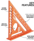 Seven Inch Double Laser Etched Aluminum Rafter Square With Badass Accuracy And No Hassle Multifunctional Carpenter Measuring Layout Tool featuring scribe notches and pipe prop.