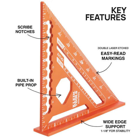 Seven Inch Double Laser Etched Aluminum Rafter Square With Badass Accuracy And No Hassle Multifunctional Carpenter Measuring Layout Tool featuring scribe notches and pipe prop.