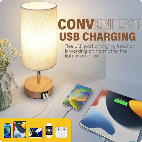 Two Pack Bedside Lamps With USB Port Touch Control 3 Way Dimmable Nightstand Lights Wood Base Round Flaxen Fabric Shade Ideal For Bedroom Living Room Dorm Office, lamp with USB charging, phone and tablet charging