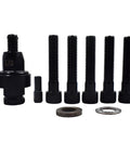 Air Powered Rivet Nut Tool Kit With Half Inch And Three Eighths Mandrels, six black mandrels, washers, tool head visible