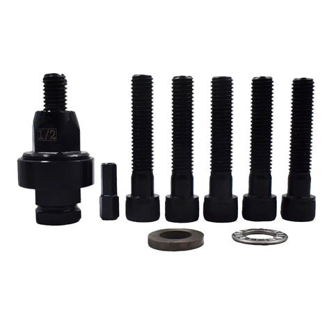 Air Powered Rivet Nut Tool Kit With Half Inch And Three Eighths Mandrels, six black mandrels, washers, tool head visible