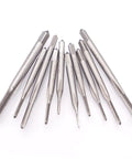 10 Piece Micro Tap Drill Bit Set M1 To M3.5 Metric Thread Bits Kit HSS High Speed Steel arranged in a fan shape on white background
