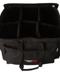 Heavy Duty Black Drum Hardware Gig Bag With Slick Foam Padding And Adjustable Divider Percussion Accessory Case, interior view with compartments.