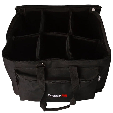 Heavy Duty Black Drum Hardware Gig Bag With Slick Foam Padding And Adjustable Divider Percussion Accessory Case, interior view with compartments.