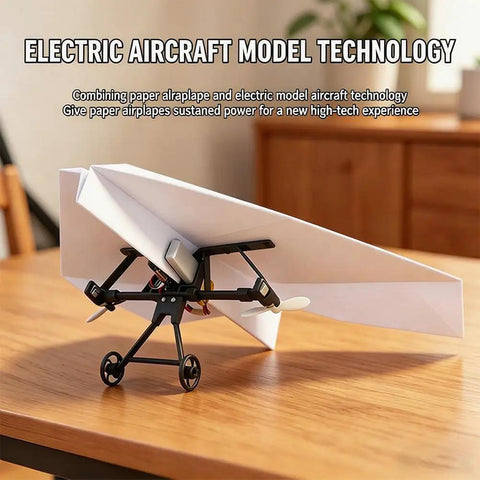 RC Paper Airplane Upgrade Kit With Dual Propellers And 2026 Motor DIY Aircraft Set displaying micro fixed wing drone on table.