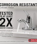 Foundations Centerset Chrome Bathroom Faucet With One Handle For 3 Hole 4 Inch Easy Install on white sink, corrosion resistance displayed