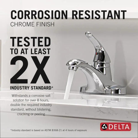 Foundations Centerset Chrome Bathroom Faucet With One Handle For 3 Hole 4 Inch Easy Install on white sink, corrosion resistance displayed