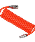 Top Shelf PU Spiral Air Hose Three Meter Length Kitted With Snappy Quick Connectors; bright orange, flexible coiled tube with fittings.