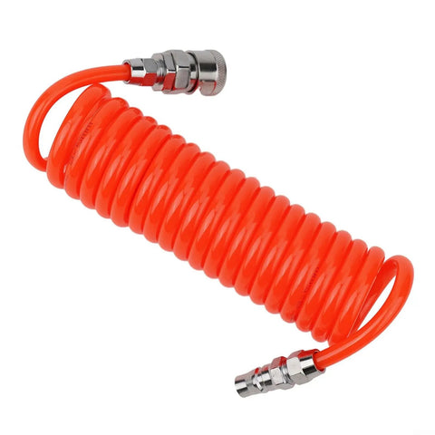 Top Shelf PU Spiral Air Hose Three Meter Length Kitted With Snappy Quick Connectors; bright orange, flexible coiled tube with fittings.