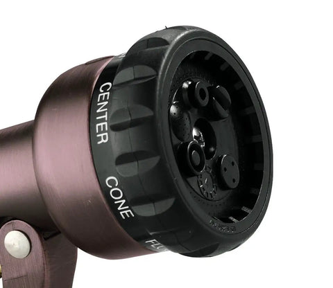 Close-up of Seven Spray Patterns Garden Hose Nozzle With Easy Turn Dial And Flow Control For Precise Watering