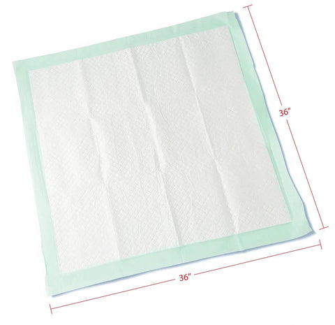 Extra Large Disposable Underpads 36 X 36 Inches Pack Of 50 Ultra Heavy Absorbent Incontinence Bed Pads on a flat surface.