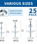 100 Piece Hollow Wall Anchors Toggle Bolt Kit With Wing Nuts In 3 Sizes For Drywall And Ceiling Mounts, Ideal For Hanging Lighting, Art, Mirrors, And Towel Racks, Easy DIY Install For Pros And Beginners 25 pack 1/8in 3/16in 1/4in