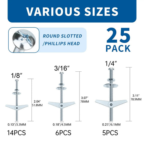 100 Piece Hollow Wall Anchors Toggle Bolt Kit With Wing Nuts In 3 Sizes For Drywall And Ceiling Mounts, Ideal For Hanging Lighting, Art, Mirrors, And Towel Racks, Easy DIY Install For Pros And Beginners 25 pack 1/8in 3/16in 1/4in