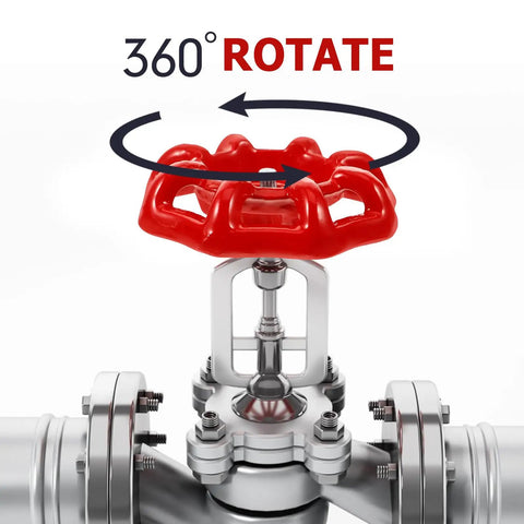 Red Metal Gate Valve Handwheel Replacement Kit Five Pack for One Half Inch Hose Bib Handles showing 360-degree rotation.