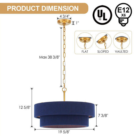 Dimensions of ELYCCUPA 20” Navy Blue Boho Hand Woven Pendant Light Brass Adjustable Coastal Chandelier for Dining Living Room Kitchen Bedroom, UL Listed.