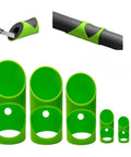 Green Six Piece Pipe Insulation Cutting Guide Set For 15mm To 53mm Foam Pipes displayed and in use with straight cuts