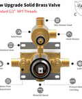 Solid brass valve for Badass Matte Black Waterfall Bathtub Faucet Set With Handheld Shower, showing connections and features.