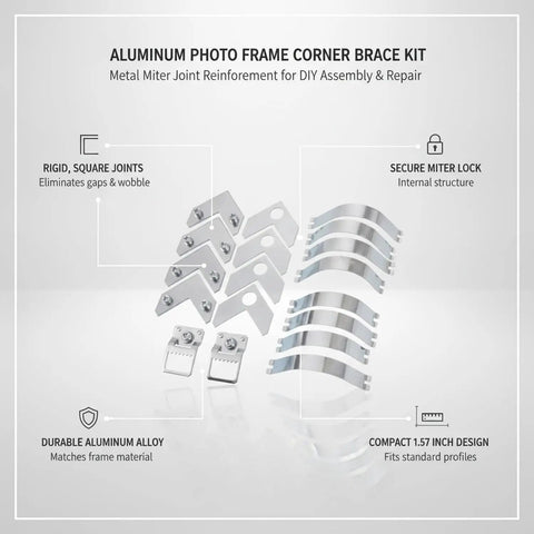 Aluminum L Shaped Corner Braces For Picture Frames And DIY Projects Metal Miter Joint Reinforcement Kit, silver, displayed with features