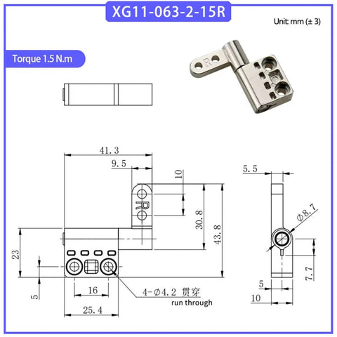 360° rotating zinc alloy damping hinge, front view, for ships/automobiles, 1 pc, model XG11-063-2-15R