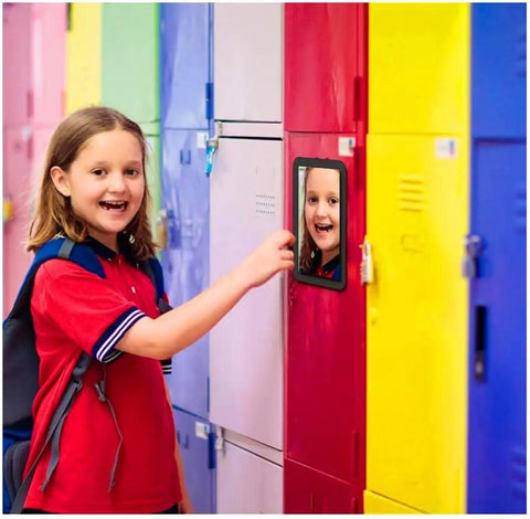 Magnetic Locker Mirror 5 x 7 Inches Real Glass With Strong Magnetic Backing for School Lockers displayed on colorful locker