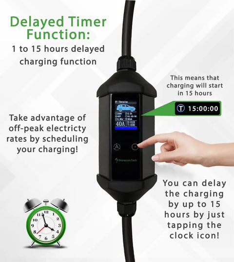 Dual Rate 32A And 40A Level 2 EV Charger For Home Use, 240V NEMA 14-50, Tesla Ready, featuring delayed timer function