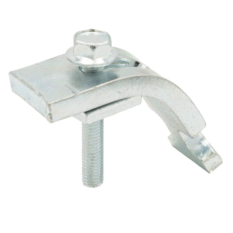 C-track festoon clamp with bolt, silver metal finish, front view