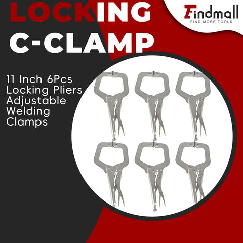 Beefy Six Pack 11 Inch Locking C Clamps With Swivel Pads Heavy Duty C Type Vise Grips in package, suitable for woodworking and welding.