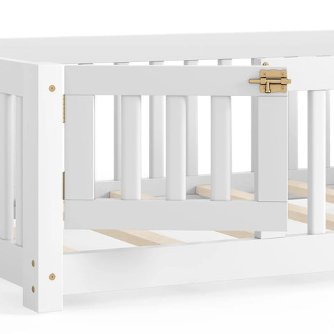 Close-up of the easy access door on the Totally Built Tough Twin Floor Bed With Montessori Design And Complete Safety Guardrails Plus Easy Access Door For Kids, Solid Wood Low Profile Slatted Frame In Fresh White.
