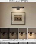 Hardwired Dimmable LED Picture Light illuminating artwork with matte black body, showing dimming levels, wall mount