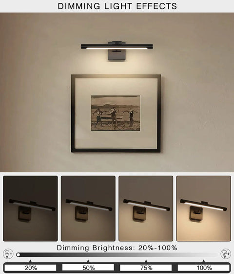 Hardwired Dimmable LED Picture Light illuminating artwork with matte black body, showing dimming levels, wall mount