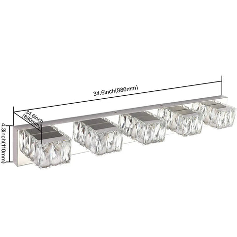 5 Light Crystal Chrome Vanity Light Bar for Bathrooms Dimmable LED Fixtures 30W Cool White Wide 34.6 Inch Over Mirror Restroom Lighting