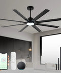 72 Inch Ceiling Fan With Light And DC Motor, Industrial Style Ceiling Fan With 8 Black Aluminum Blades, Smart Alexa Compatible