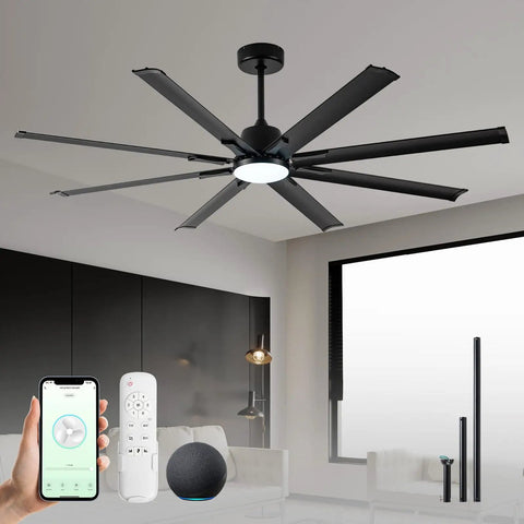 72 Inch Ceiling Fan With Light And DC Motor, Industrial Style Ceiling Fan With 8 Black Aluminum Blades, Smart Alexa Compatible