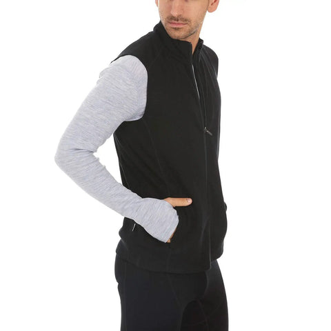 Heavy Duty Kick Ass 100 Percent Merino Wool Men Vest Expedition Grade Heavyweight in black, worn by a man, side view.