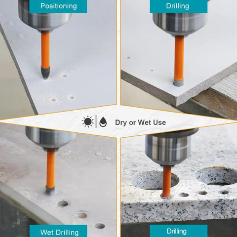 Diamond Drill Bits Kit Must Have For Ceramic Tile And Stone All In One Dry Bits 6mm 8 Pack And Carbide Bits shown drilling tiles