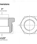Brass NPT bushing with hex head, 1-1/2 in male NPT to 1 in female NPT; front cross-section and top view.