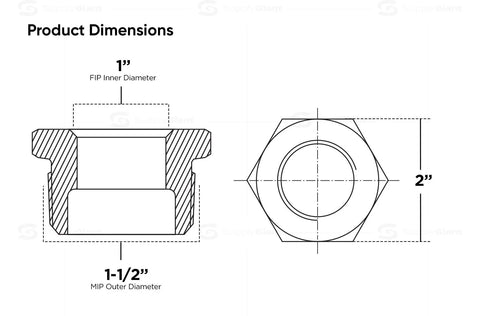 Brass NPT bushing with hex head, 1-1/2 in male NPT to 1 in female NPT; front cross-section and top view.