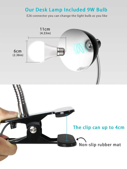 Eye-Caring Clip On Desk Lamp With 360 Degree Gooseneck Reading Light, bulb dimensions 11cm x 6cm, clamp with non-slip mat