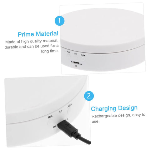 Romisbaba Electric Rotating Jewelry Display Stand For Bracelets Watches With Motorized Turntable And Cool LED Lighting showing charging port and controls.